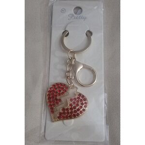 Pretty Red Rhinestone Broken Heart Keychain Gold Tone Bag Charm New